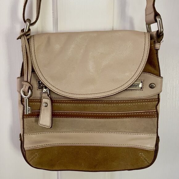 Vtg Fossil Crossbody Purse Suede Leather Stripe Brown Multi‎ Tone Hang Key - Picture 4 of 12